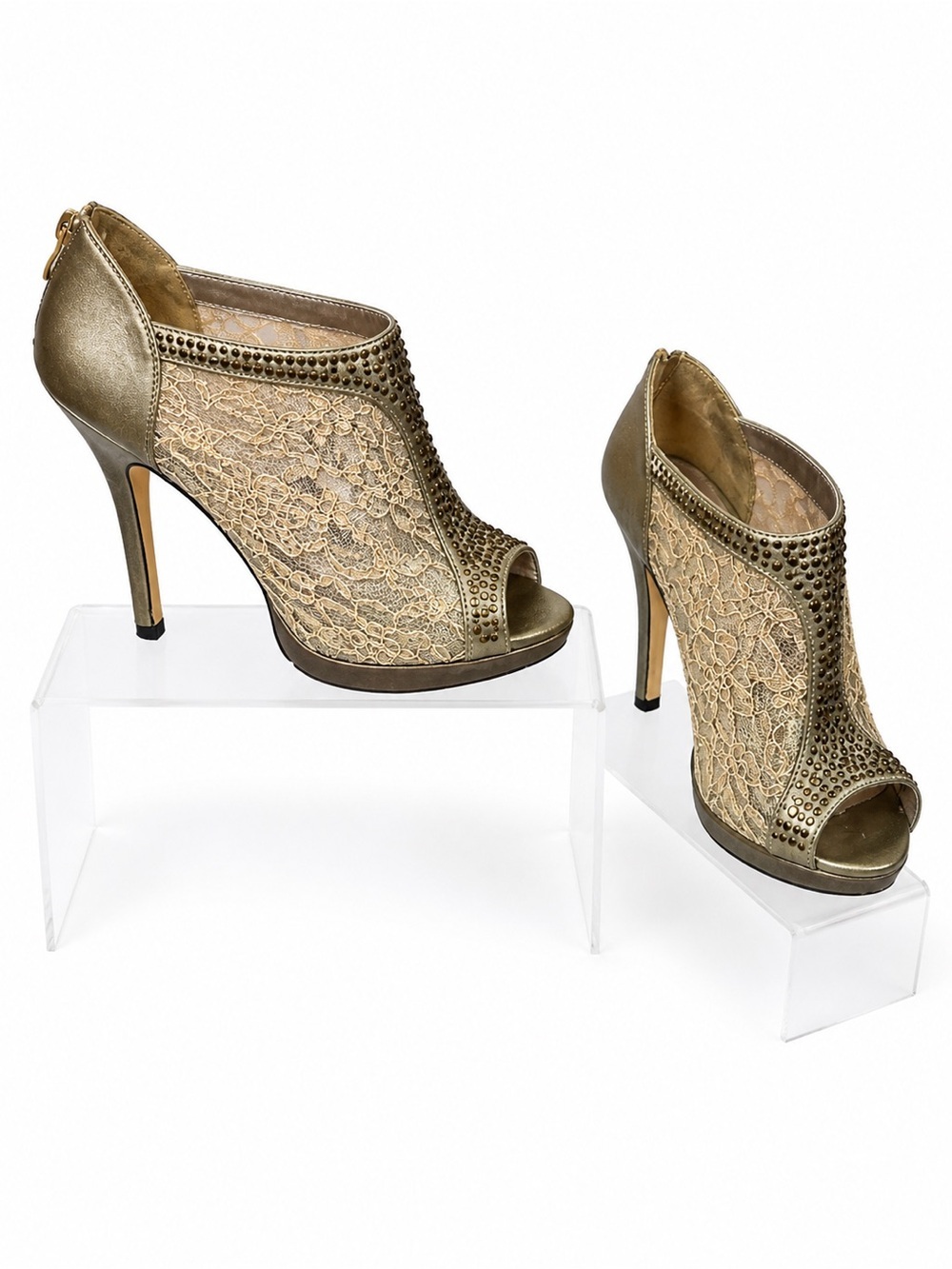 Gold Lace Peep-Toe High Heel Booties